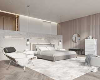 Abigail Bed -Milan Grey featuring Hunter Collection - White Glossy Lacquer and Angelo Bench is Black Velvet 