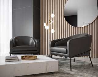 Angelo Lounge Chair - trento black with liza coffee table and Mila round mirror - brass Angelo Lounge Chair - trento black with liza coffee table and Mila round mirror - brass