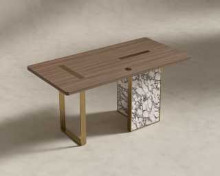 Augustus Desk - 63" - Walnut Veneer - Viola Marble Base 