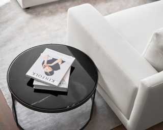 Malin coffee table featuring asha rug Istanbul Pearl 9x12