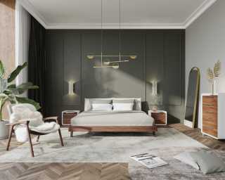Mikkel Bed Scene -alesund/walnut. Featuring Grayson nightstand and Aubrey lounge chair. 