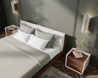 Mikkel Bed Scene -alesund/walnut. Featuring Grayson nightstand and Aubrey lounge chair. 